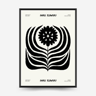 Soyut koyu renkli çiçek posteri şablonu. Modern trend Matisse minimal tarzı. Siyah ve beyaz renkler. Duvar kağıdı, duvar dekoru, baskı, kartpostal, kapak, şablon, pankart için el çizimi tasarımı. 