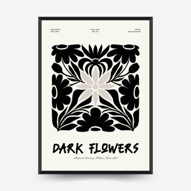 Soyut koyu renkli çiçek posteri şablonu. Modern trend Matisse minimal tarzı. Siyah ve beyaz renkler. Duvar kağıdı, duvar dekoru, baskı, kartpostal, kapak, şablon, pankart için el çizimi tasarımı. 
