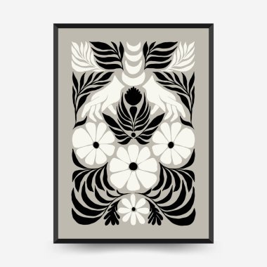 Soyut koyu renkli çiçek posteri şablonu. Modern trend Matisse minimal tarzı. Siyah ve beyaz renkler. Duvar kağıdı, duvar dekoru, baskı, kartpostal, kapak, şablon, pankart için el çizimi tasarımı. 