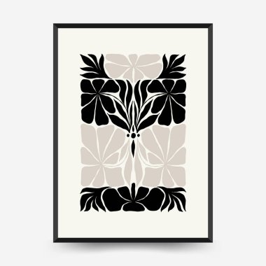 Soyut koyu renkli çiçek posteri şablonu. Modern trend Matisse minimal tarzı. Siyah ve beyaz renkler. Duvar kağıdı, duvar dekoru, baskı, kartpostal, kapak, şablon, pankart için el çizimi tasarımı. 