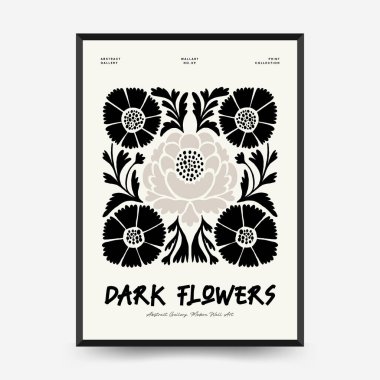 Soyut koyu renkli çiçek posteri şablonu. Modern trend Matisse minimal tarzı. Siyah ve beyaz renkler. Duvar kağıdı, duvar dekoru, baskı, kartpostal, kapak, şablon, pankart için el çizimi tasarımı. 