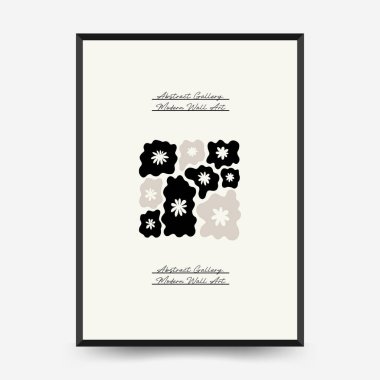Soyut koyu renkli çiçek posteri şablonu. Modern trend Matisse minimal tarzı. Siyah ve beyaz renkler. Duvar kağıdı, duvar dekoru, baskı, kartpostal, kapak, şablon, pankart için el çizimi tasarımı. 