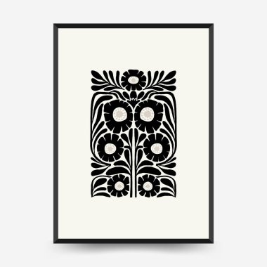 Soyut koyu renkli çiçek posteri şablonu. Modern trend Matisse minimal tarzı. Siyah ve beyaz renkler. Duvar kağıdı, duvar dekoru, baskı, kartpostal, kapak, şablon, pankart için el çizimi tasarımı. 