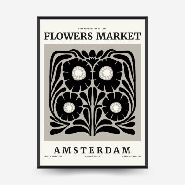 Soyut koyu renkli çiçek posteri şablonu. Modern trend Matisse minimal tarzı. Siyah ve beyaz renkler. Duvar kağıdı, duvar dekoru, baskı, kartpostal, kapak, şablon, pankart için el çizimi tasarımı. 