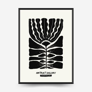 Soyut koyu renkli çiçek posteri şablonu. Modern trend Matisse minimal tarzı. Siyah ve beyaz renkler. Duvar kağıdı, duvar dekoru, baskı, kartpostal, kapak, şablon, pankart için el çizimi tasarımı. 