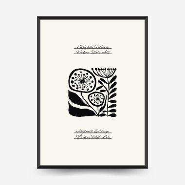 Soyut koyu renkli çiçek posteri şablonu. Modern trend Matisse minimal tarzı. Siyah ve beyaz renkler. Duvar kağıdı, duvar dekoru, baskı, kartpostal, kapak, şablon, pankart için el çizimi tasarımı. 