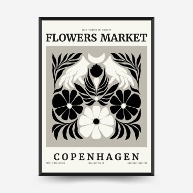 Soyut koyu renkli çiçek posteri şablonu. Modern trend Matisse minimal tarzı. Siyah ve beyaz renkler. Duvar kağıdı, duvar dekoru, baskı, kartpostal, kapak, şablon, pankart için el çizimi tasarımı. 