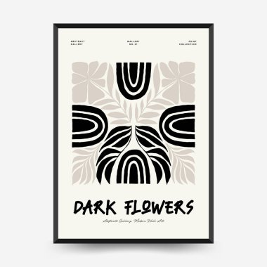 Soyut koyu renkli çiçek posteri şablonu. Modern trend Matisse minimal tarzı. Siyah ve beyaz renkler. Duvar kağıdı, duvar dekoru, baskı, kartpostal, kapak, şablon, pankart için el çizimi tasarımı. 