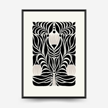 Soyut koyu renkli çiçek posteri şablonu. Modern trend Matisse minimal tarzı. Siyah ve beyaz renkler. Duvar kağıdı, duvar dekoru, baskı, kartpostal, kapak, şablon, pankart için el çizimi tasarımı. 