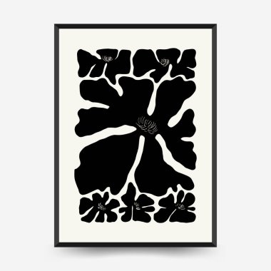 Soyut koyu renkli çiçek posteri şablonu. Modern trend Matisse minimal tarzı. Siyah ve beyaz renkler. Duvar kağıdı, duvar dekoru, baskı, kartpostal, kapak, şablon, pankart için el çizimi tasarımı. 