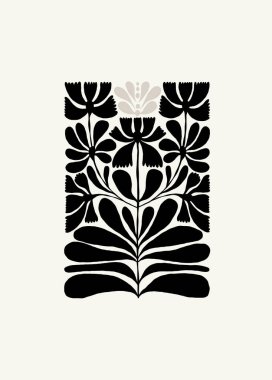 Koyu çiçekli soyut elementler. Botanik kompozisyonu. Modern trend Matisse minimal tarzı. Çiçek posteri, davet. Tebrik kartı veya davet tasarımı için vektör düzenlemeleri