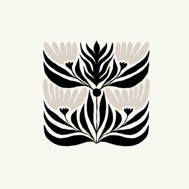 Koyu çiçekli soyut elementler. Botanik kompozisyonu. Modern trend Matisse minimal tarzı. Çiçek posteri, davet. Tebrik kartı veya davet tasarımı için vektör düzenlemeleri