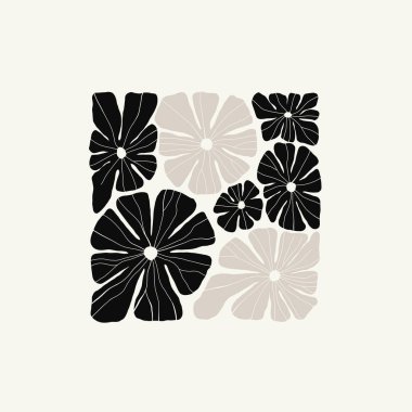 Koyu çiçekli soyut elementler. Botanik kompozisyonu. Modern trend Matisse minimal tarzı. Çiçek posteri, davet. Tebrik kartı veya davet tasarımı için vektör düzenlemeleri