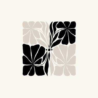 Koyu çiçekli soyut elementler. Botanik kompozisyonu. Modern trend Matisse minimal tarzı. Çiçek posteri, davet. Tebrik kartı veya davet tasarımı için vektör düzenlemeleri