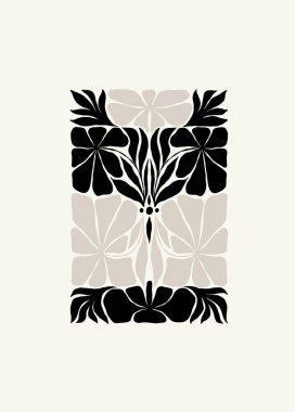 Koyu çiçekli soyut elementler. Botanik kompozisyonu. Modern trend Matisse minimal tarzı. Çiçek posteri, davet. Tebrik kartı veya davet tasarımı için vektör düzenlemeleri