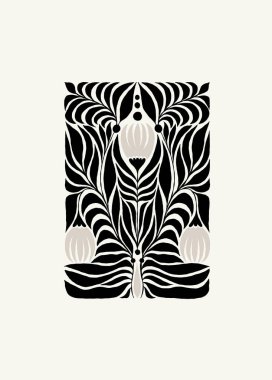 Koyu çiçekli soyut elementler. Botanik kompozisyonu. Modern trend Matisse minimal tarzı. Çiçek posteri, davet. Tebrik kartı veya davet tasarımı için vektör düzenlemeleri