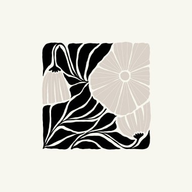 Koyu çiçekli soyut elementler. Botanik kompozisyonu. Modern trend Matisse minimal tarzı. Çiçek posteri, davet. Tebrik kartı veya davet tasarımı için vektör düzenlemeleri
