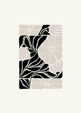 Koyu çiçekli soyut elementler. Botanik kompozisyonu. Modern trend Matisse minimal tarzı. Çiçek posteri, davet. Tebrik kartı veya davet tasarımı için vektör düzenlemeleri