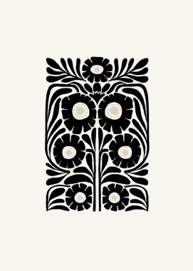 Koyu çiçekli soyut elementler. Botanik kompozisyonu. Modern trend Matisse minimal tarzı. Çiçek posteri, davet. Tebrik kartı veya davet tasarımı için vektör düzenlemeleri