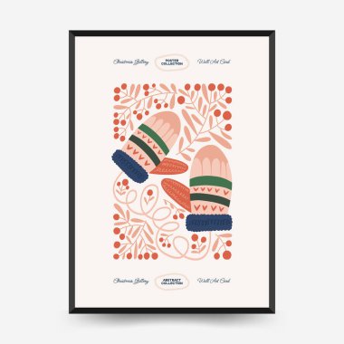 Mutlu Noeller ve mutlu yıllar dikey uçucu ya da poster şablonu. Modern trend Matisse minimal tarzı. Duvar kağıdı, duvar dekoru, baskı, kartpostal, kapak, şablon, pankart için el çizimi tasarımı.