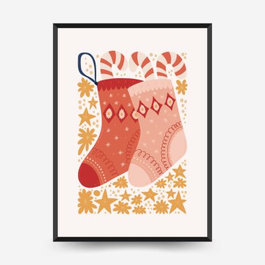 Mutlu Noeller ve mutlu yıllar dikey uçucu ya da poster şablonu. Modern trend Matisse minimal tarzı. Duvar kağıdı, duvar dekoru, baskı, kartpostal, kapak, şablon, pankart için el çizimi tasarımı.