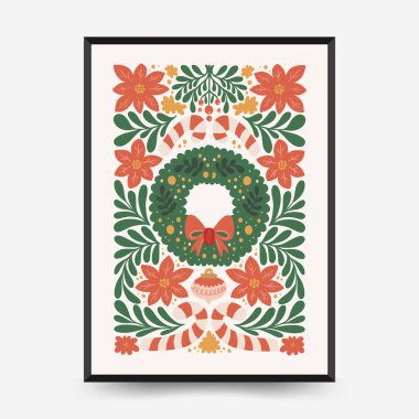 Mutlu Noeller ve mutlu yıllar dikey uçucu ya da poster şablonu. Modern trend Matisse minimal tarzı. Duvar kağıdı, duvar dekoru, baskı, kartpostal, kapak, şablon, pankart için el çizimi tasarımı.