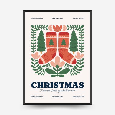 Mutlu Noeller ve mutlu yıllar dikey uçucu ya da poster şablonu. Modern trend Matisse minimal tarzı. Duvar kağıdı, duvar dekoru, baskı, kartpostal, kapak, şablon, pankart için el çizimi tasarımı.