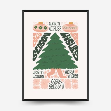 Mutlu Noeller ve mutlu yıllar dikey uçucu ya da poster şablonu. Modern trend Matisse minimal tarzı. Duvar kağıdı, duvar dekoru, baskı, kartpostal, kapak, şablon, pankart için el çizimi tasarımı.