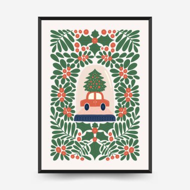 Mutlu Noeller ve mutlu yıllar dikey uçucu ya da poster şablonu. Modern trend Matisse minimal tarzı. Duvar kağıdı, duvar dekoru, baskı, kartpostal, kapak, şablon, pankart için el çizimi tasarımı.