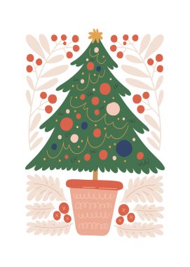 Mutlu Noeller ve mutlu yıllar illüstrasyonu. Modern trend Matisse minimal tarzı. Duvar kağıdı, duvar dekoru, baskı, kartpostal, kapak, şablon, pankart için el çizimi tasarımı.