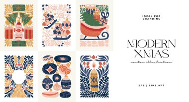 Mutlu Noeller ve mutlu yıllar illüstrasyonu. Modern trend Matisse minimal tarzı. Duvar kağıdı, duvar dekoru, baskı, kartpostal, kapak, şablon, pankart için el çizimi tasarımı.