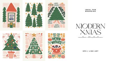 Mutlu Noeller ve mutlu yıllar illüstrasyonu. Modern trend Matisse minimal tarzı. Duvar kağıdı, duvar dekoru, baskı, kartpostal, kapak, şablon, pankart için el çizimi tasarımı.