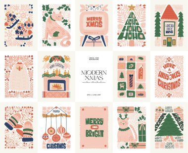 Mutlu Noeller ve mutlu yıllar illüstrasyonu. Modern trend Matisse minimal tarzı. Duvar kağıdı, duvar dekoru, baskı, kartpostal, kapak, şablon, pankart için el çizimi tasarımı.