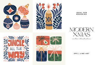 Mutlu Noeller ve mutlu yıllar illüstrasyonu. Modern trend Matisse minimal tarzı. Duvar kağıdı, duvar dekoru, baskı, kartpostal, kapak, şablon, pankart için el çizimi tasarımı.