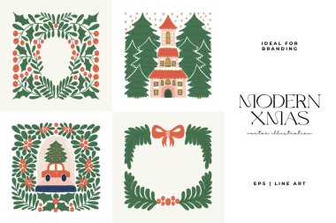 Mutlu Noeller ve mutlu yıllar illüstrasyonu. Modern trend Matisse minimal tarzı. Duvar kağıdı, duvar dekoru, baskı, kartpostal, kapak, şablon, pankart için el çizimi tasarımı.