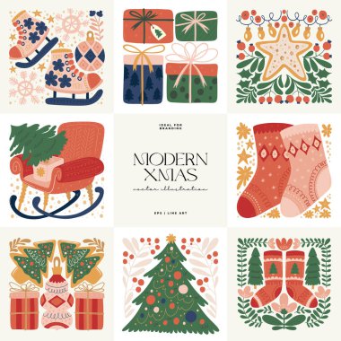 Mutlu Noeller ve mutlu yıllar illüstrasyonu. Modern trend Matisse minimal tarzı. Duvar kağıdı, duvar dekoru, baskı, kartpostal, kapak, şablon, pankart için el çizimi tasarımı.