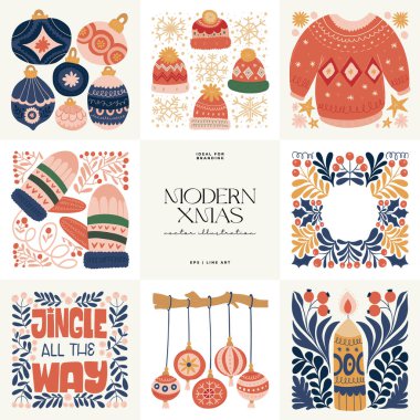 Mutlu Noeller ve mutlu yıllar illüstrasyonu. Modern trend Matisse minimal tarzı. Duvar kağıdı, duvar dekoru, baskı, kartpostal, kapak, şablon, pankart için el çizimi tasarımı.