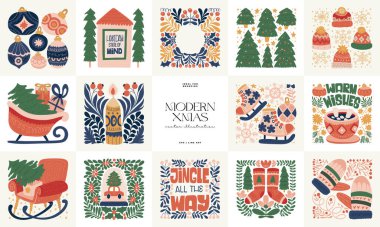 Mutlu Noeller ve mutlu yıllar illüstrasyonu. Modern trend Matisse minimal tarzı. Duvar kağıdı, duvar dekoru, baskı, kartpostal, kapak, şablon, pankart için el çizimi tasarımı.