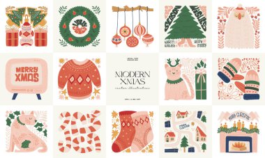 Mutlu Noeller ve mutlu yıllar illüstrasyonu. Modern trend Matisse minimal tarzı. Duvar kağıdı, duvar dekoru, baskı, kartpostal, kapak, şablon, pankart için el çizimi tasarımı.