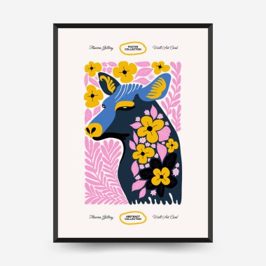 Soyut çiçek ve hayvan posterleri şablonu. Modern Matisse stili. Çocuklar ve Çocuk Duvarı Sanatı. Duvar kağıdı, duvar dekoru, baskı, kartpostal, kapak, şablon, pankart için el çizimi tasarımı. 