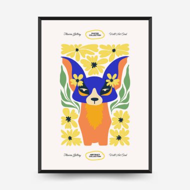 Soyut çiçek ve hayvan posterleri şablonu. Modern Matisse stili. Çocuklar ve Çocuk Duvarı Sanatı. Duvar kağıdı, duvar dekoru, baskı, kartpostal, kapak, şablon, pankart için el çizimi tasarımı. 