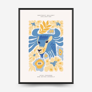 Soyut çiçek ve hayvan posterleri şablonu. Modern Matisse stili. Çocuklar ve Çocuk Duvarı Sanatı. Duvar kağıdı, duvar dekoru, baskı, kartpostal, kapak, şablon, pankart için el çizimi tasarımı. 