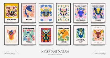 Soyut çiçek ve hayvan posterleri şablonu. Modern Matisse stili. Çocuklar ve Çocuk Duvarı Sanatı. Duvar kağıdı, duvar dekoru, baskı, kartpostal, kapak, şablon, pankart için el çizimi tasarımı. 