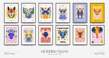 Soyut çiçek ve hayvan posterleri şablonu. Modern Matisse stili. Çocuklar ve Çocuk Duvarı Sanatı. Duvar kağıdı, duvar dekoru, baskı, kartpostal, kapak, şablon, pankart için el çizimi tasarımı. 