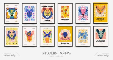 Soyut çiçek ve hayvan posterleri şablonu. Modern Matisse stili. Çocuklar ve Çocuk Duvarı Sanatı. Duvar kağıdı, duvar dekoru, baskı, kartpostal, kapak, şablon, pankart için el çizimi tasarımı. 