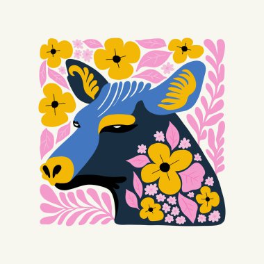 Çiçek ve hayvan soyut elementleri. Botanik kompozisyonu. Modern trend Matisse minimal tarzı. Çocuklar, Çocuk, Çiçek posteri, davetli. Tebrik kartı veya davet tasarımı için vektör düzenlemeleri.