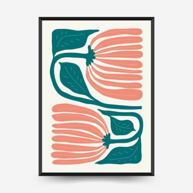 Soyut çiçek posterleri şablonu. Modern trend Matisse minimal tarzı. Pembe ve mavi renkler. Duvar kağıdı, duvar dekoru, baskı, kartpostal, kapak, şablon, pankart için el çizimi tasarımı. 