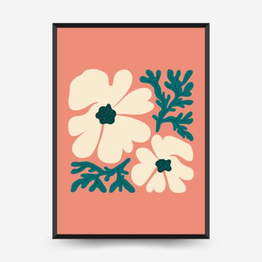 Soyut çiçek posterleri şablonu. Modern trend Matisse minimal tarzı. Pembe ve mavi renkler. Duvar kağıdı, duvar dekoru, baskı, kartpostal, kapak, şablon, pankart için el çizimi tasarımı. 