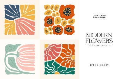Çiçek soyut elementler. Botanik kompozisyonu. Modern trend Matisse minimal tarzı. Çiçek posteri, davet. Tebrik kartı veya davet tasarımı için vektör düzenlemeleri