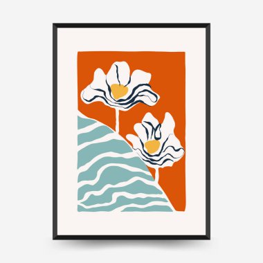 Soyut çiçek posterleri şablonu. Modern trend Matisse minimal tarzı. Pembe ve mavi renkler. Duvar kağıdı, duvar dekoru, baskı, kartpostal, kapak, şablon, pankart için el çizimi tasarımı. 